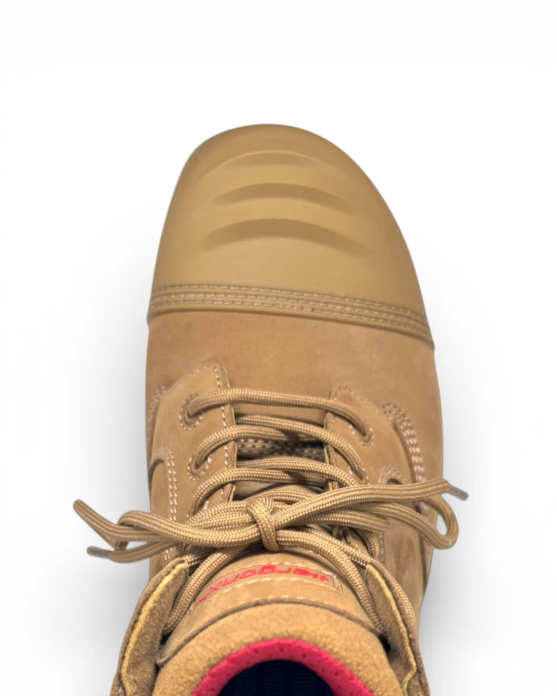 Top view of the Helium All Tan forefoot and laces