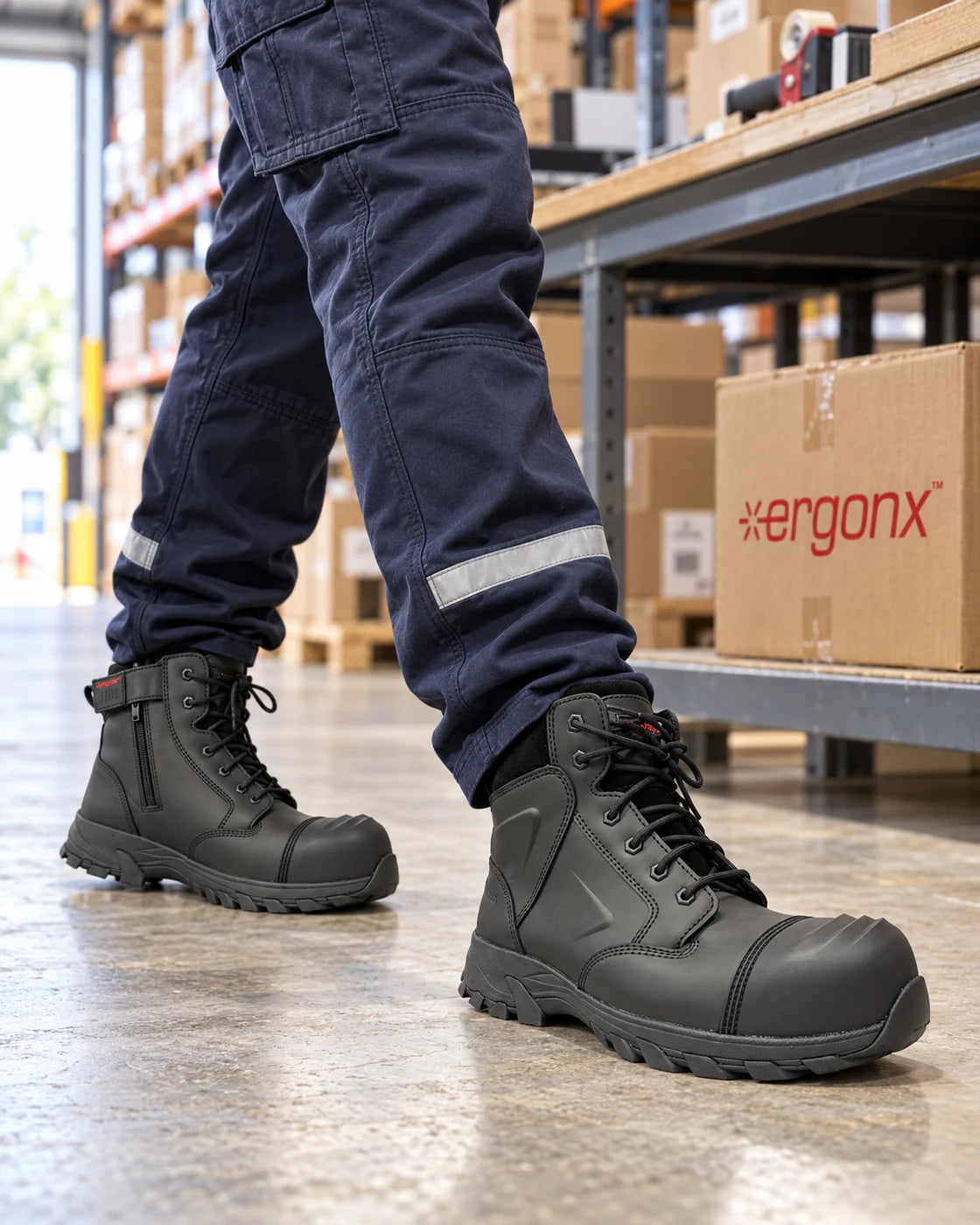 Helium Black boots worn at a warehouse packing bench