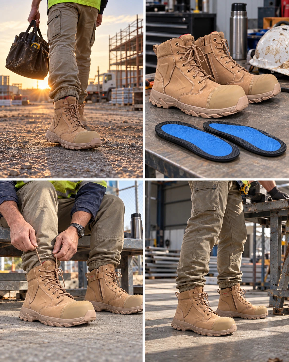 Comfortable work boots worker beside real blue orthotics at bench, wearing Ergonx Helium All Tan boots