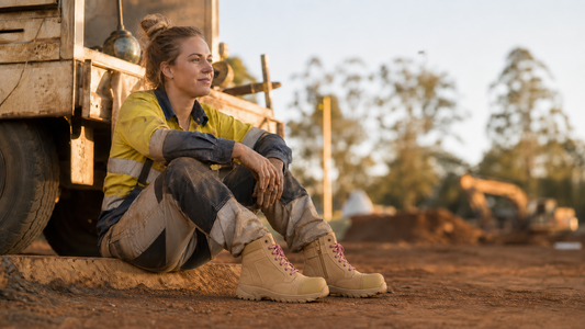 ErgonX ladies Helium All-Tan work boots with pink laces and zips on the inside ankles