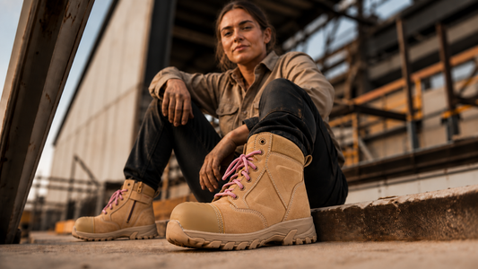 ErgonX ladies Helium All-Tan work boots with pink laces and zips on the inside ankles