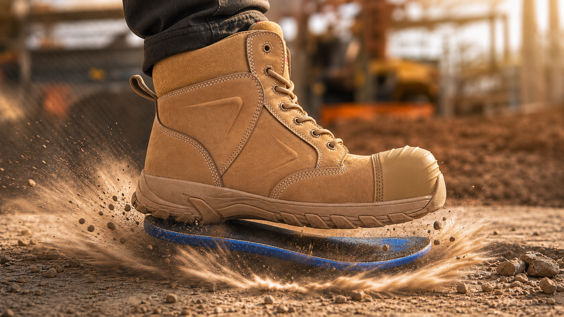 ErgonX Helium All-Tan safety boots with accurate inside zipper and outer panel construction
