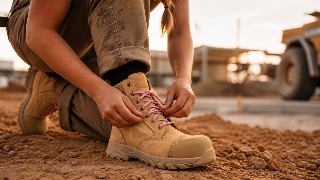 ErgonX ladies Helium All-Tan work boots with pink laces and zips on the inside ankles