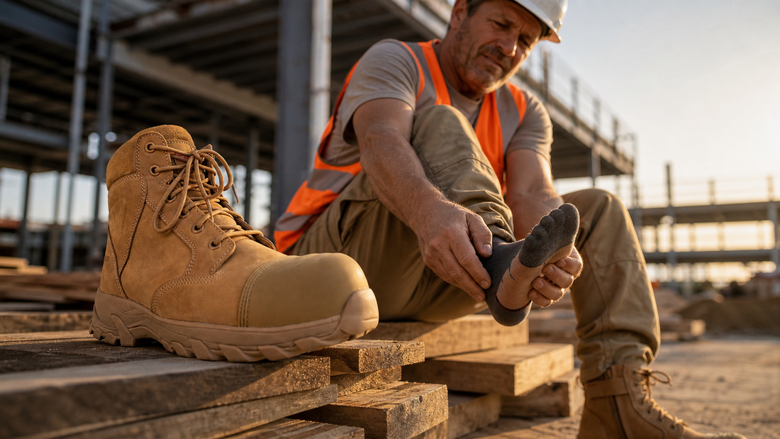Carpenter checking big-toe discomfort beside an ErgonX work boot