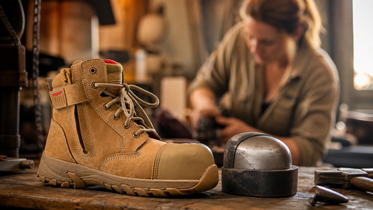 Women's tan safety boot beside a metal toe-cap sample