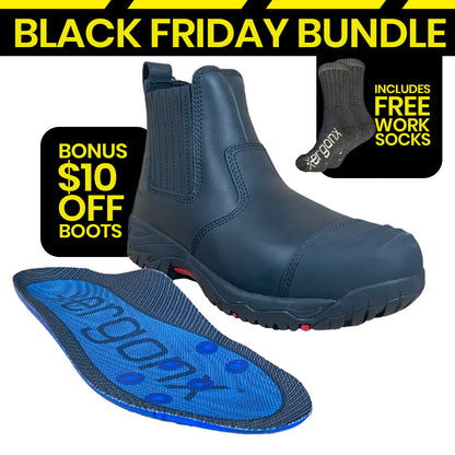 Ergonx Black Slip On Safety Boots + Socks Bundle