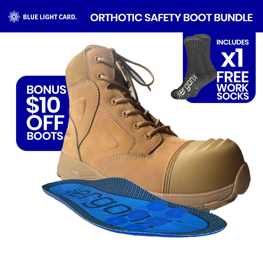 Blue Light Card All Tan Lace Up Safety Boots + Socks Bundle