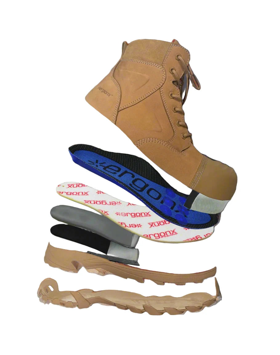 Ergonx exploded Helium illustration showing the orthotic and cushioning layers