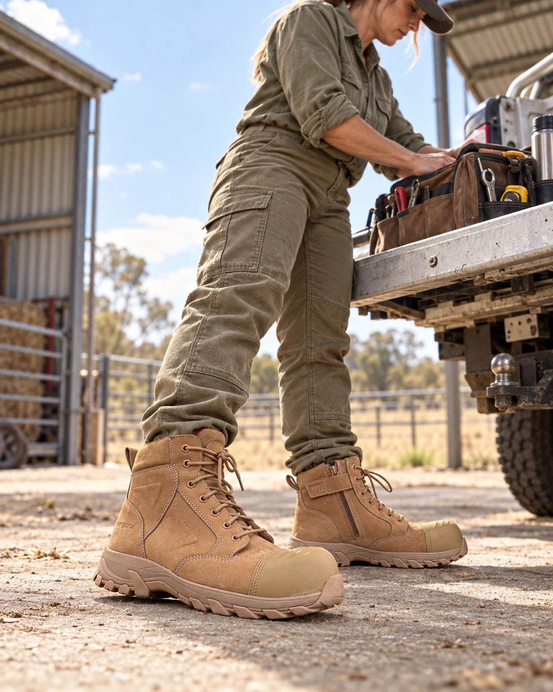 Australian farm worker in Helium All Tan boots at a dry machinery shed with a ute nearby