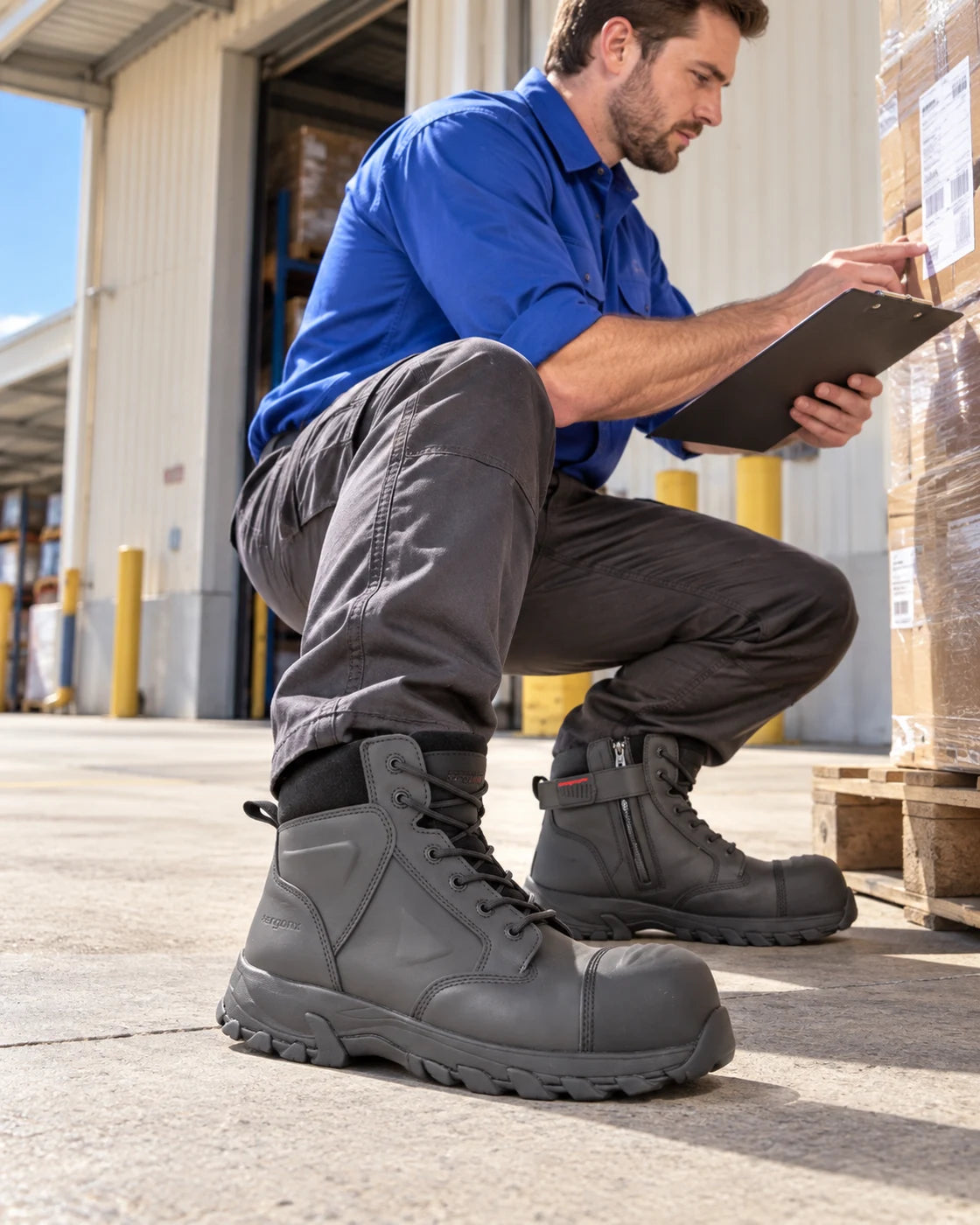 Logistics worker wearing Helium Black during dispatch checks and depot walking